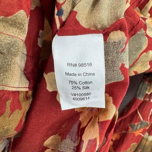 Coldwater Creek Red Floral Print Cotton Silk Blend Long Sleeve Lightweight Top - Picture 12 of 13